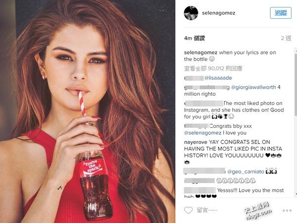 社群网站Instagram史上最多赞-400万个Like！ 赛琳娜赢过旧爱